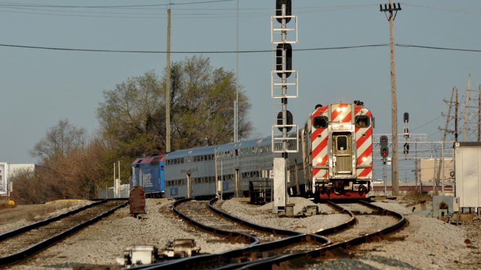 A Metra train on the rails