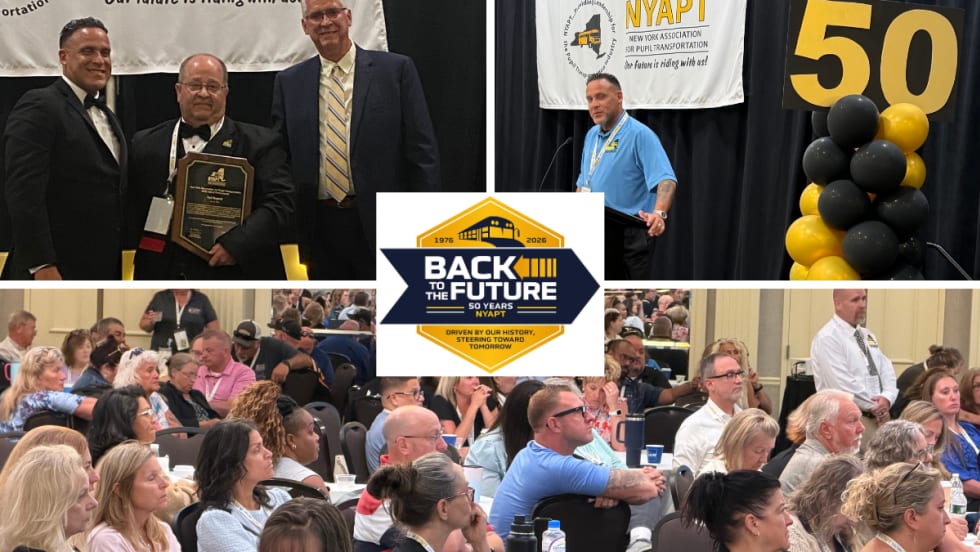 Collage highlighting NYAPT's 50th anniversary conference, featuring awards presentations, NYAPT President Marc Medina speaking, packed educational sessions, and the event's "Back to the Future" theme celebrating 50 years of pupil transportation leadership.