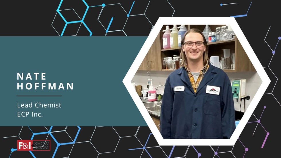 black background with chemistry symbols in blue and white, blue box with white text Nate Hoffman Lead Chemist ECP Inc., F&I and Showroom