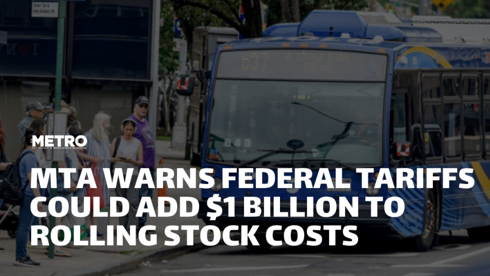 An MTA bus approaches a bus stop on a New York City street as passengers wait on the sidewalk, with a headline about the potential $1 billion impact of federal tariffs on rolling stock costs overlaid on the image.