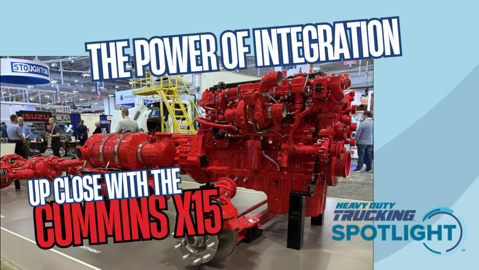 YouTube thumbnail with the words "The Power of Integration" and a photo of the Cummins X15 red integrated powertrain