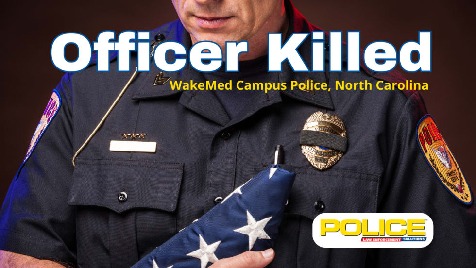 police officer holding a folded flag and headline for Officer Killed
