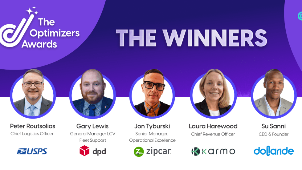 Graphic announcing the 2026 Autofleet Optimizers Awards winners, featuring headshots of leaders from USPS, DPD UK, Zipcar, Karmo, Dollaride, and Kari Ride Hailing.