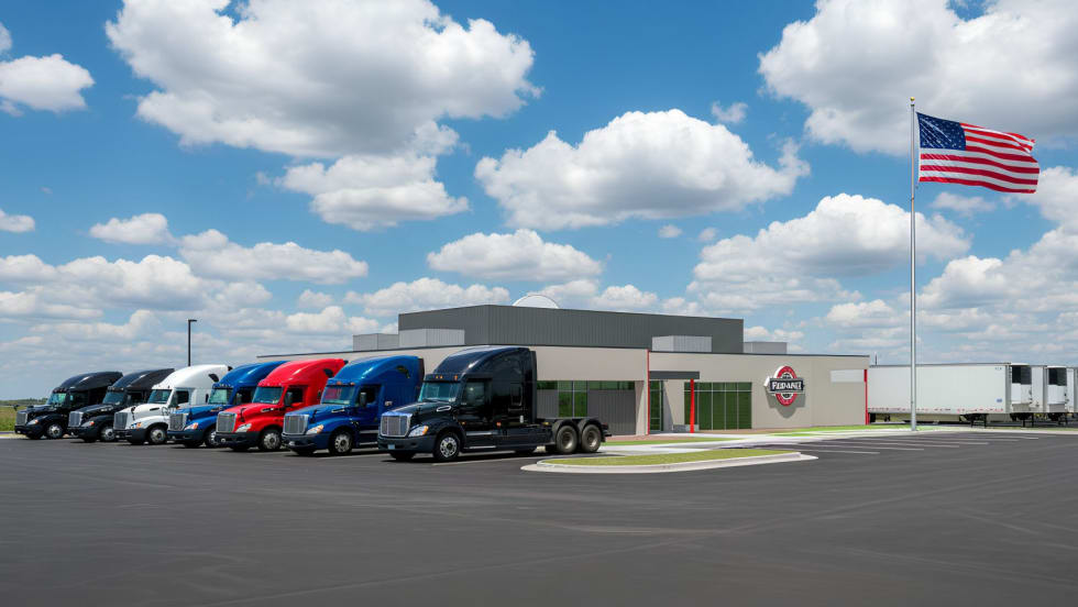 Artist rendering of dealership with trucks and trailers parked outside