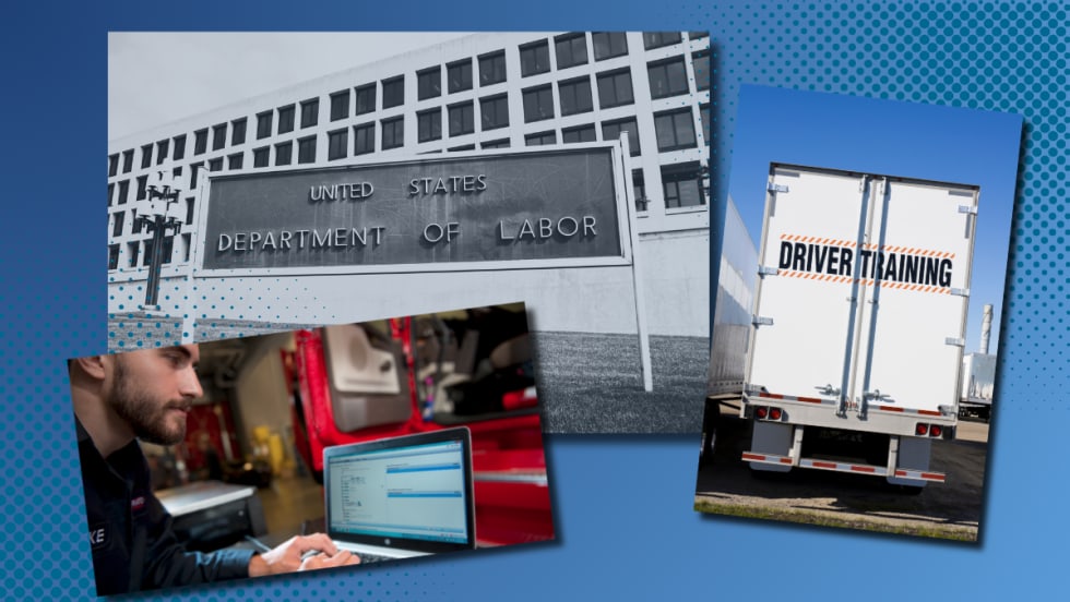 Illustration of Department of Labor building, diesel technician at a computer, and driver training semi trailer