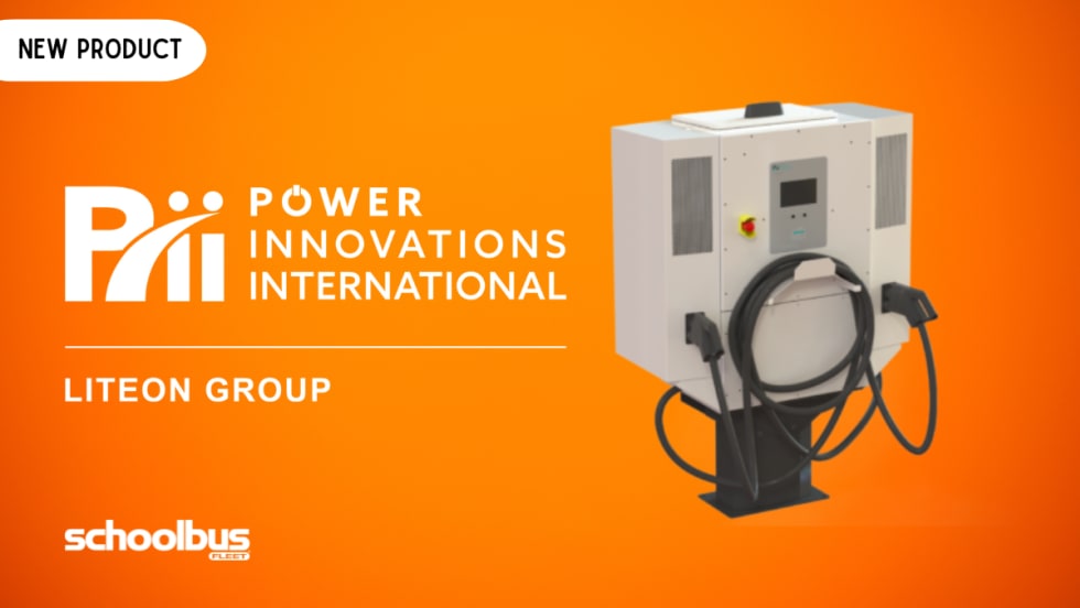 Promotional graphic for a new product from Power Innovations International. The image features the company's logo and a pedestal-mounted dual-cable EV fast charger against an orange background. A "New Product" label appears in the upper left corner, with School Bus Fleet branding in the lower left.