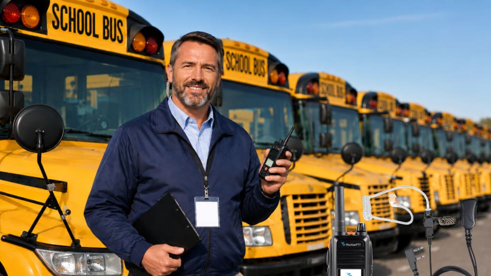 School transportation professional holding a two-way radio in front of a row of school buses, with PositionPTT radio and communication accessories pictured alongside him.