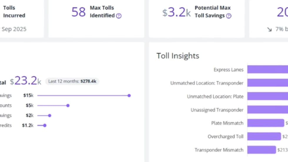 Screen capture showing PrePass Intelligence data on tolls