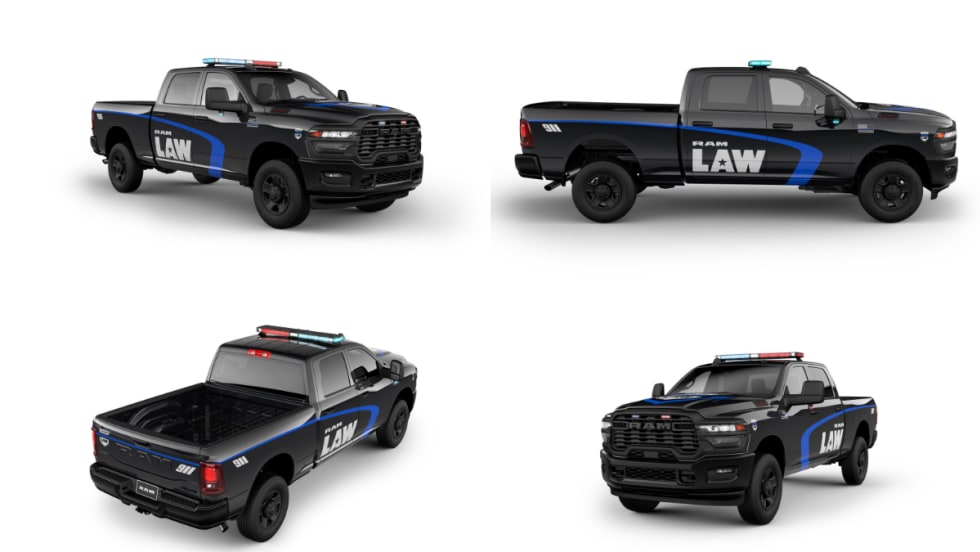Black Ram 2500 emergency response pickup with police-style lights shown from multiple angles, designed for law enforcement and first responder fleet use.