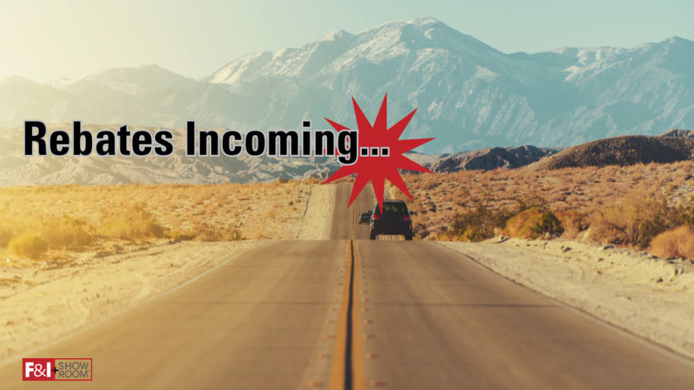 desert road with cars driving away, Rebates Incoming with red star graphic, F&I and Showroom logo