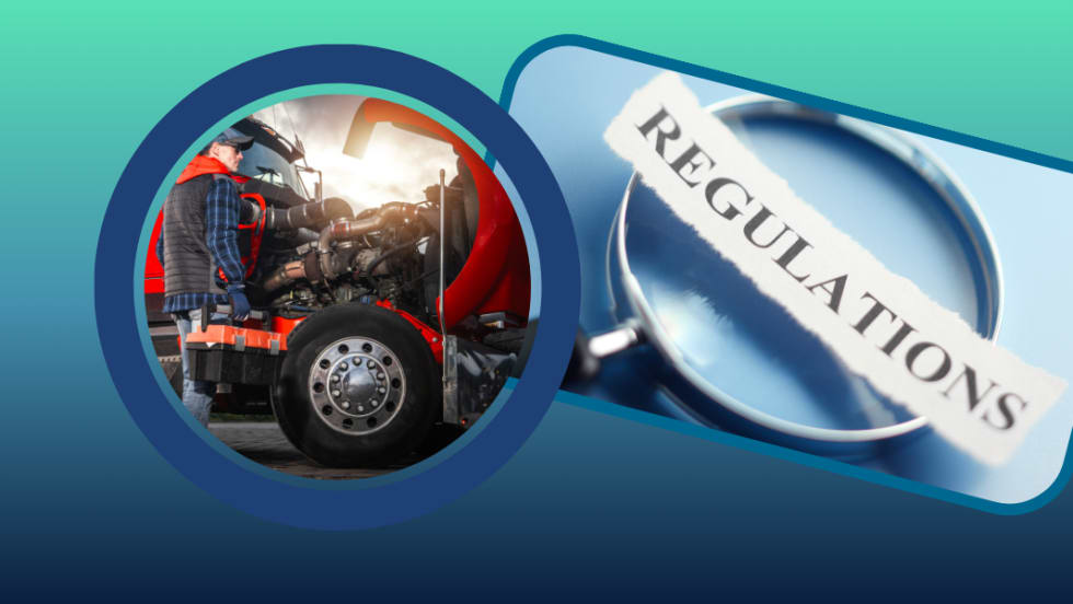 Illustration of truck owner operator and magnifying glass with the word "regulations"