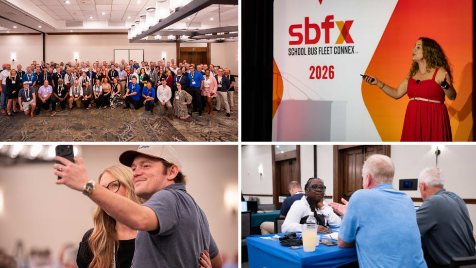 Collage from the 2026 School Bus Fleet Connex event showing attendees posing for a group photo, a presenter speaking onstage, two attendees taking a selfie, and participants meeting one-on-one.