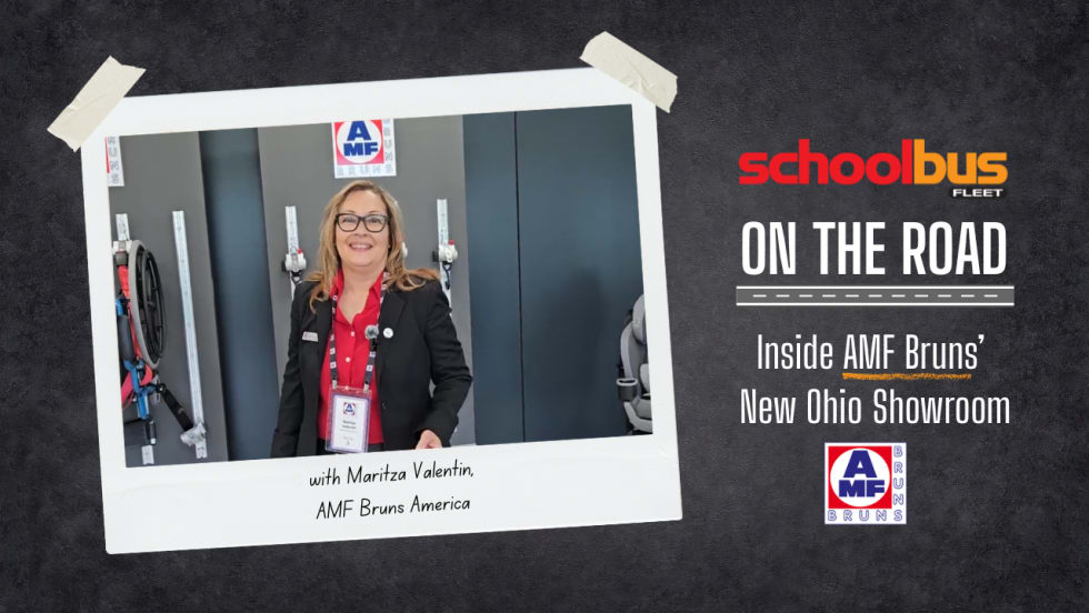 School Bus Fleet “On the Road” graphic featuring Maritza Valentin of AMF Bruns America inside a mobility equipment showroom in Ohio, highlighting accessible bus solutions.