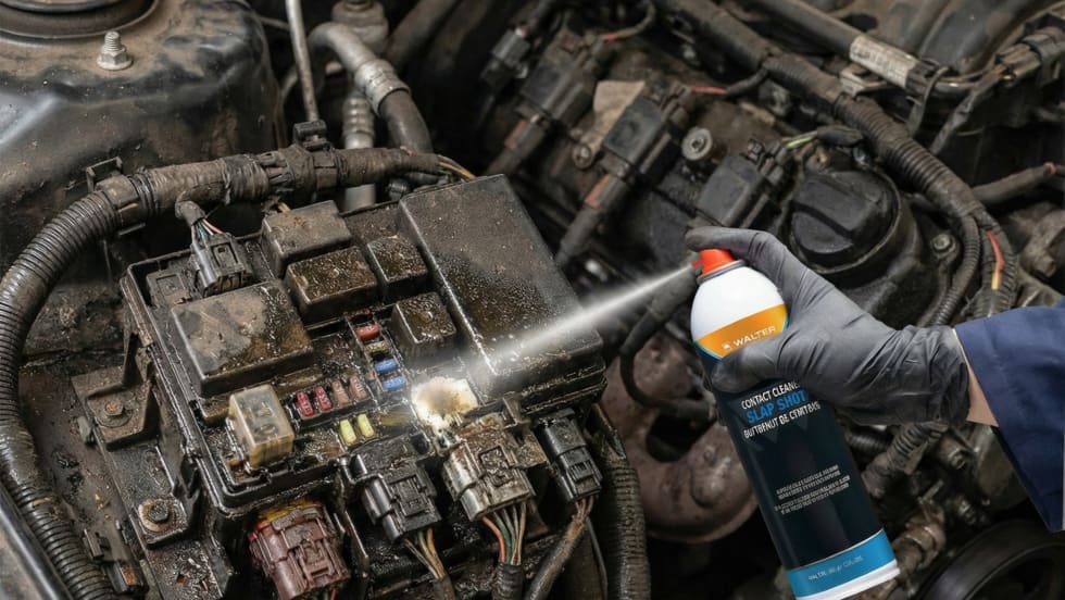 An image of a car engine being sprayed with cleaner. 