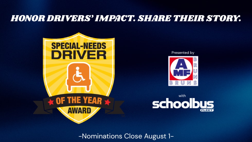 driver of the year award logo against a dark blue backdrop with text that says "Nominations Close Aug. 1" and the AMF Bruns and School Bus Fleet logos