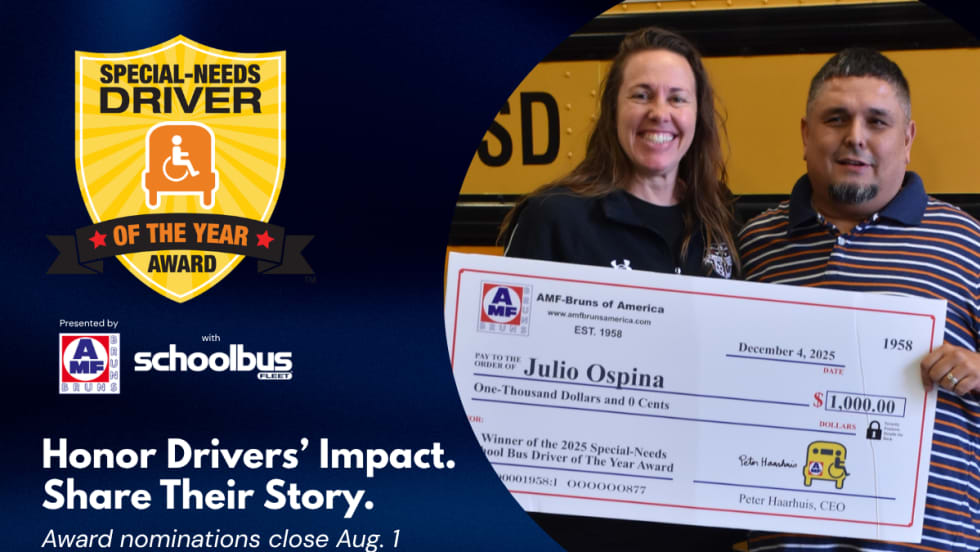 Promotional graphic for Special-Needs Driver of the Year Award featuring past winner holding $1,000 check; nominations open until Aug. 1