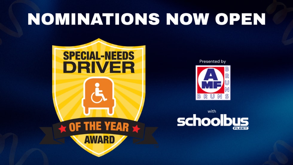driver of the year award logo against a dark blue backdrop with text that says "Nominations Now Open" and the AMF Bruns and School Bus Fleet logos
