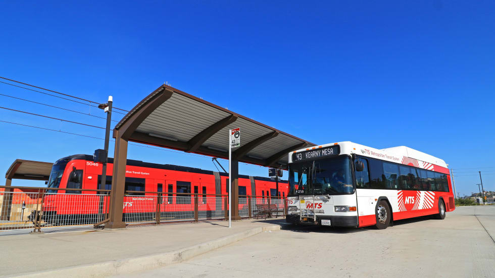 A picture of a San Diego MTS railcar and bus at a transit station. 