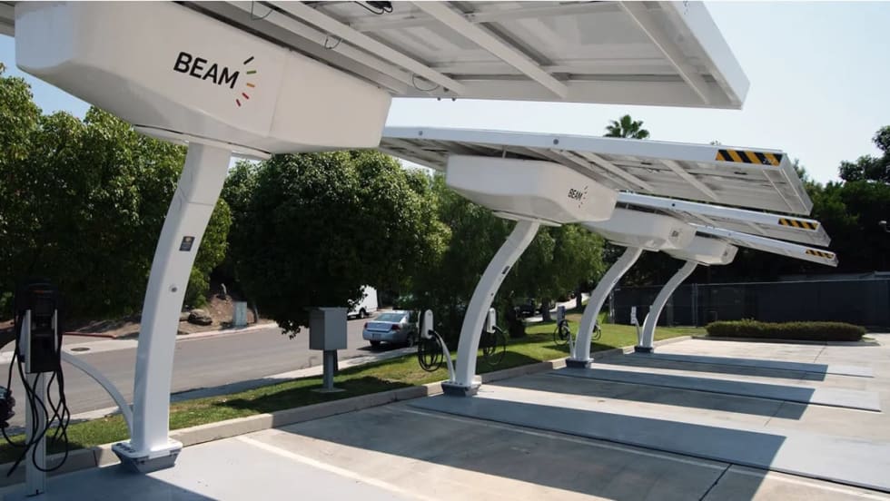 Beam Global EV ARC solar-powered charging stations installed in Stanislaus County, California, providing off-grid EV fleet charging with on-site renewable energy.