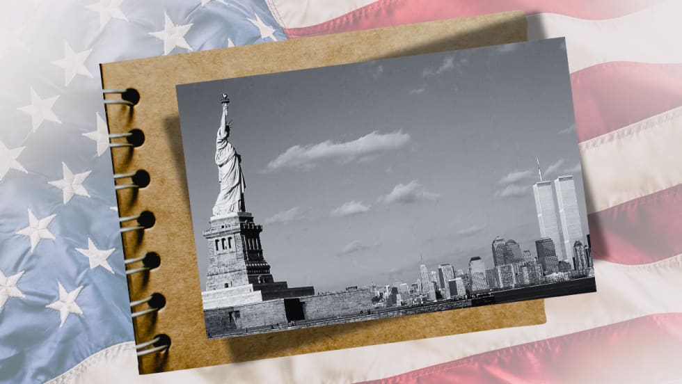 Illustration of the twin towers and statue of liberty before the attacks, superimposed on a notebook page and American flag background