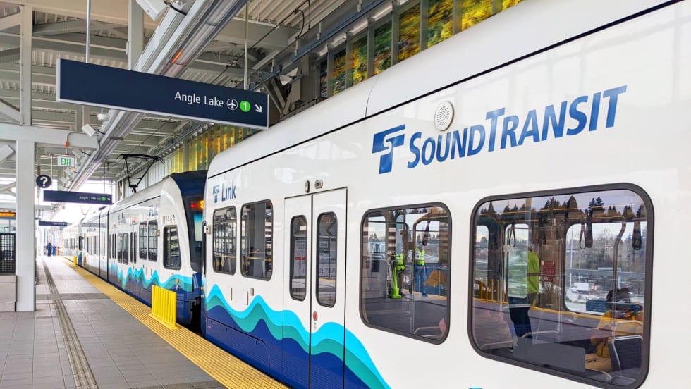 A Sound Transit Link light rail vehicle in a station
