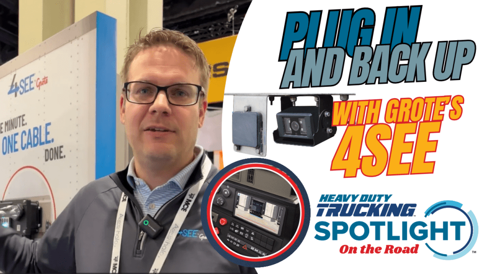 YouTube thumbnail showing man being interviewed and backup camera and in-cab screen showing backup video