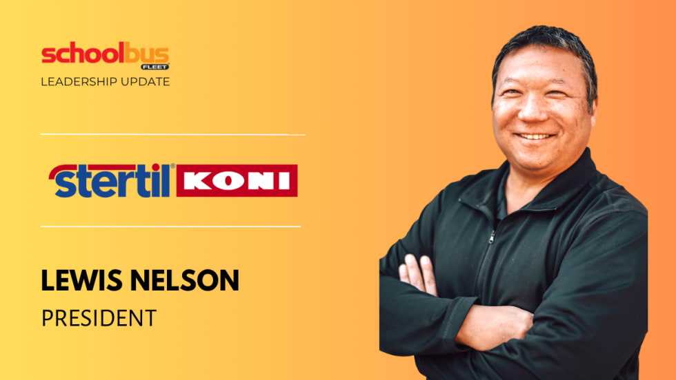 School Bus Fleet leadership update graphic announcing Lewis Nelson as president of Stertil-Koni. The graphic features the Stertil-Koni logo and a portrait of Nelson standing with folded arms against a yellow and orange background.