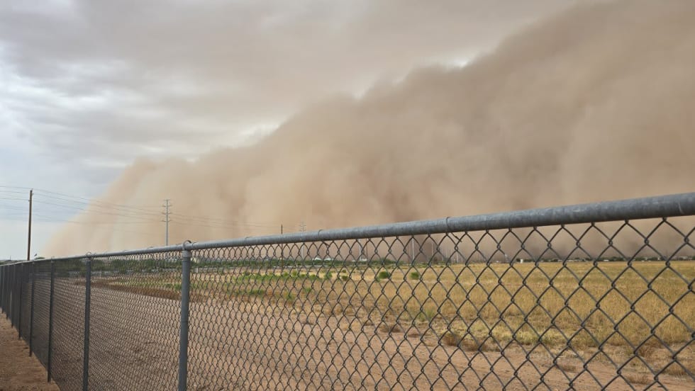 Large monsoon dust and rain wall moving across a field in Pinal County, Arizona, as severe weather brought flash flooding and hazardous driving conditions during school transportation operations.
