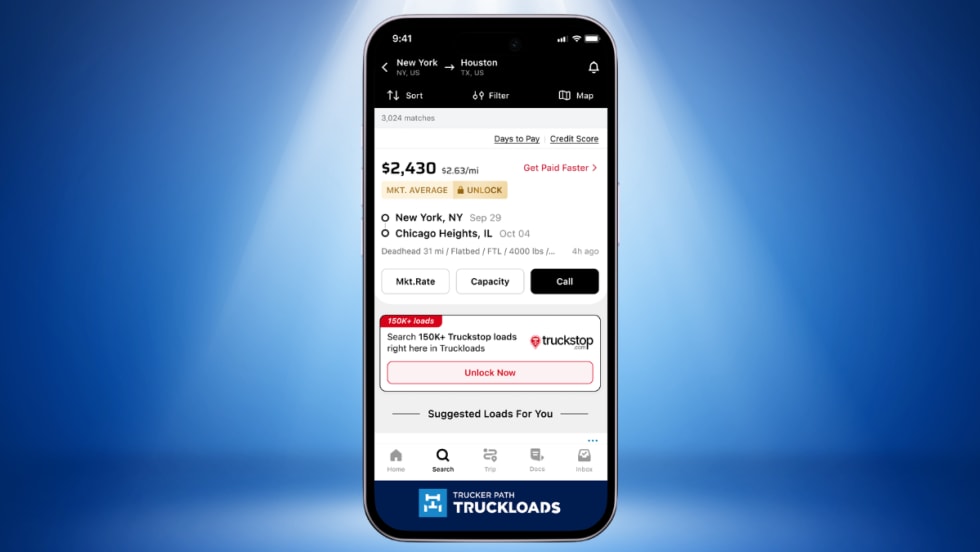 TruckLoads mobile app screen displaying freight load listings through the new integration with Truckstop.com load board services.
