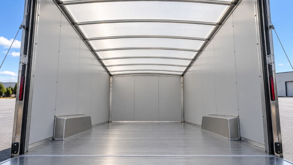 Interior of freight cargo trailer or body with translucent roof letting in daylight