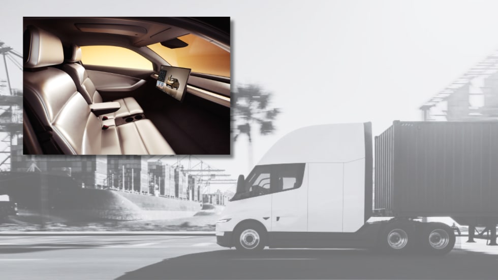 Tesla Semi electric truck with interior of Tesla Cybercab superimposed on top