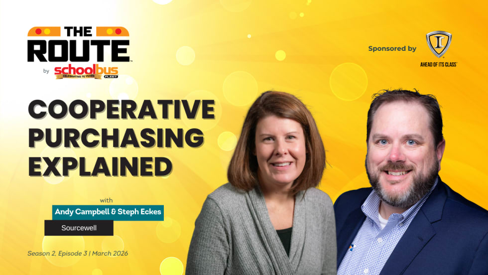 Thumbnail for The Route by School Bus Fleet featuring Andy Campbell and Steph Eckes of Sourcewell discussing cooperative purchasing, sponsored by IC Bus.