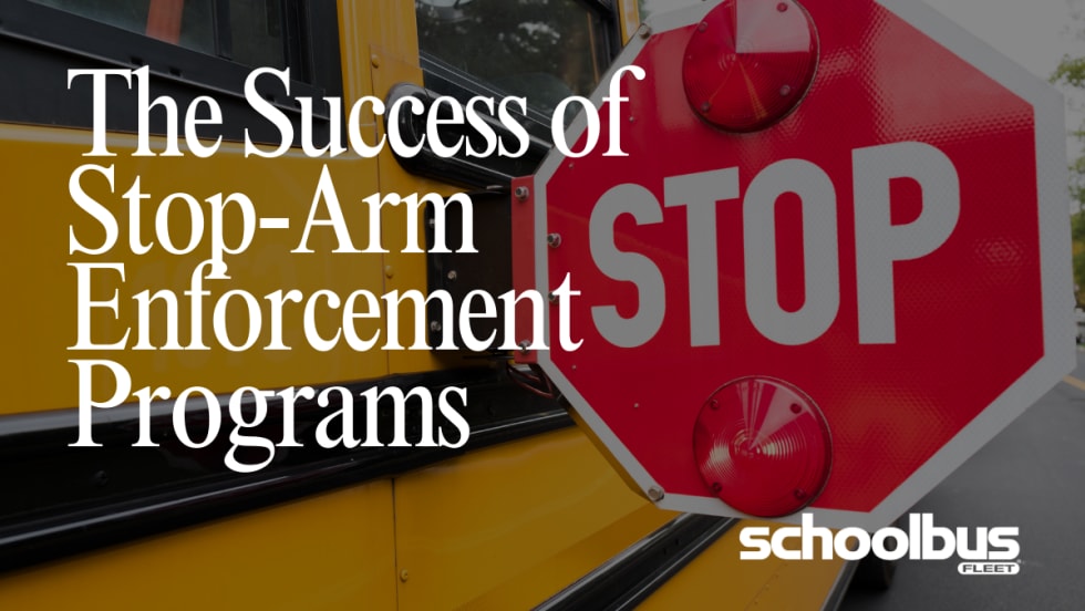 photo of a school bus stop sign and text next to it that reads "the success of stop-arm enforcement programs"