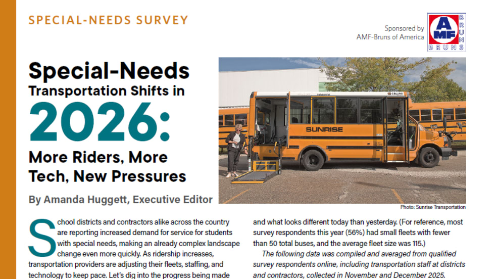 Infographic showing a yellow school bus with a wheelchair lift and charts highlighting 2026 special-needs transportation statistics, including ridership changes and driver pay comparisons.