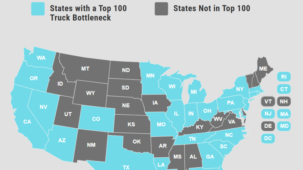 Map showing which states have bad freight bottlenecks