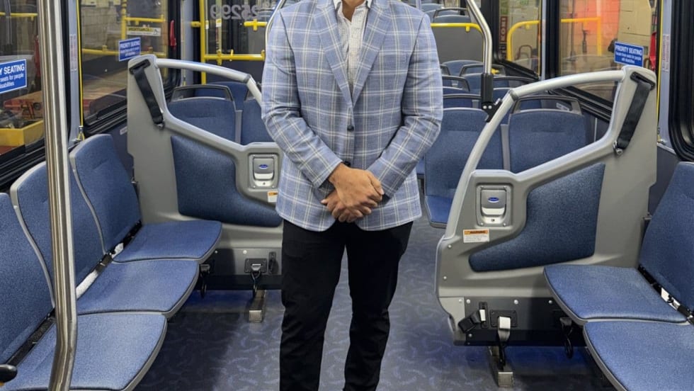 Terrel Smith on a bus with Kiel seats