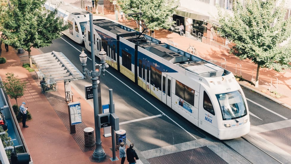 A TriMet MAX Light Rail vehicle overhead shot