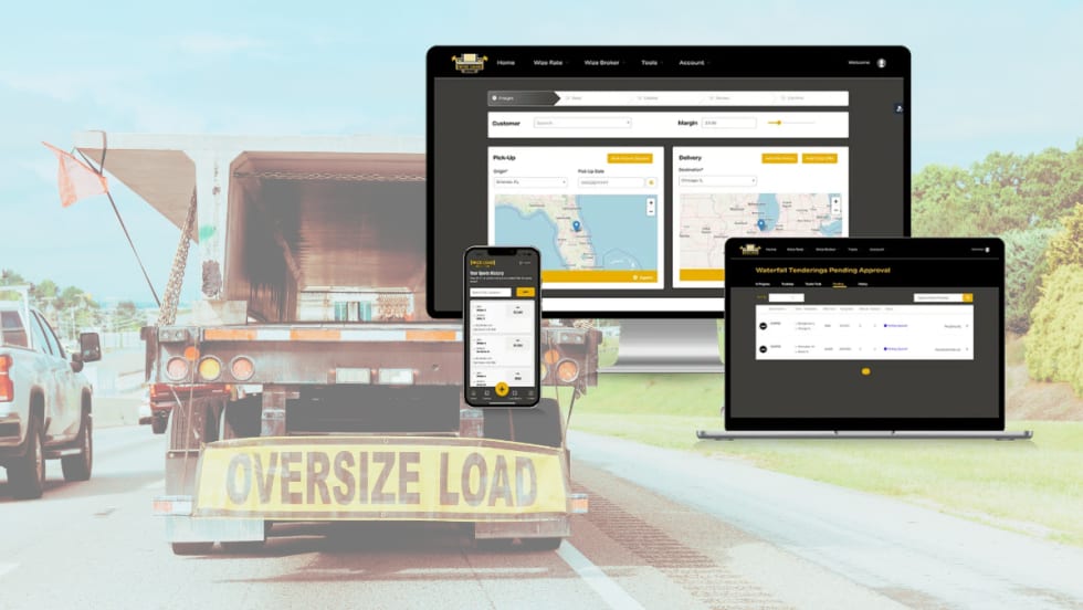 Illustration of computer and mobile screens with load matching software superimposed over photo of an oversize load
