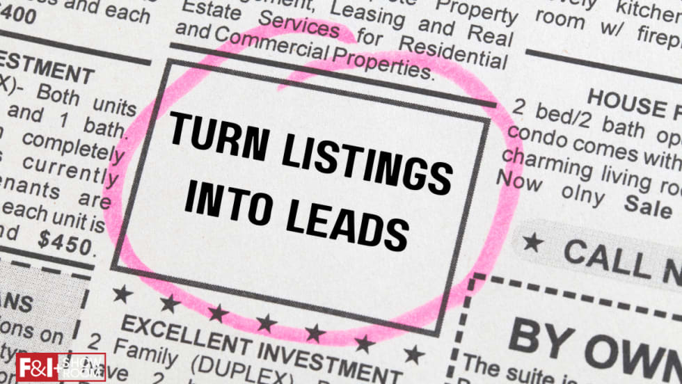 newspaper advertisement circled in pink, Turn Listings into Leads, F&I and Showroom