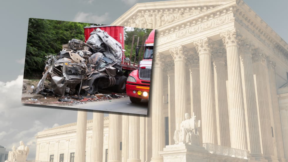 Illustration of U.S. Supreme Court building and a truck crash