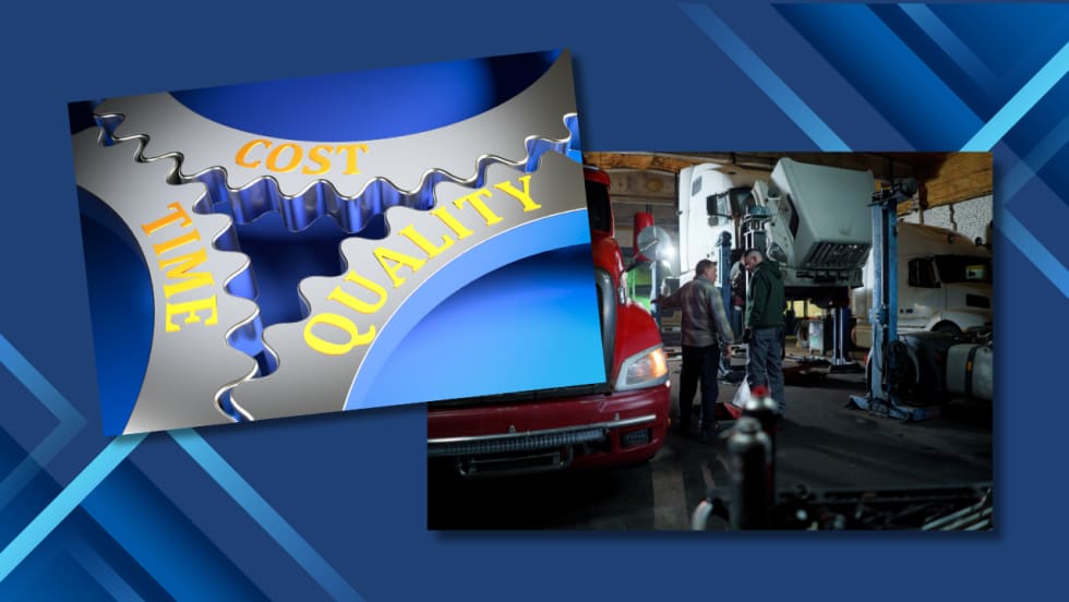 Graphic illustration of balancing quality and price with truck shop photo in the background