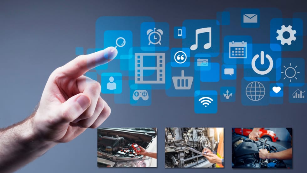 finger touching digital assets with photos of maintenance repairs