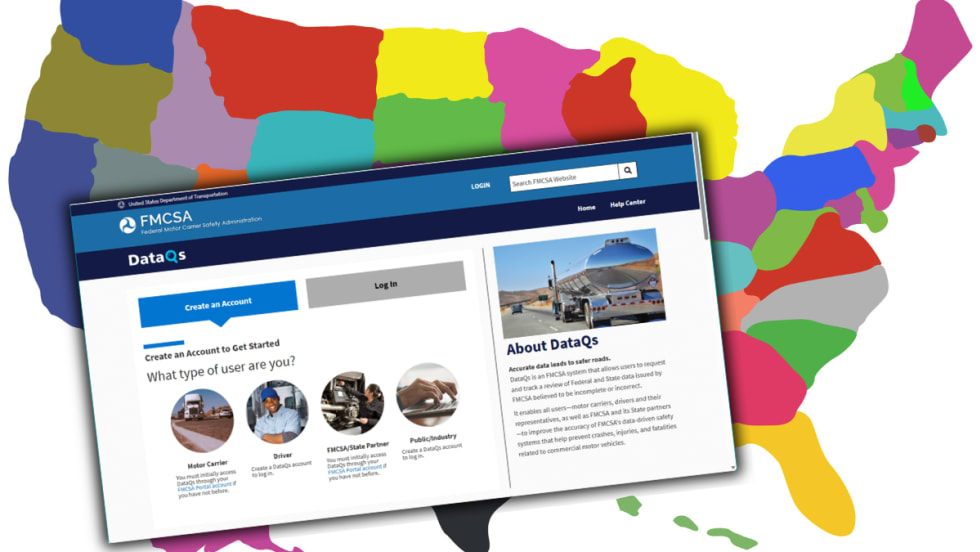 Illustration of colorful map of United States with DataQs website screen superimposed