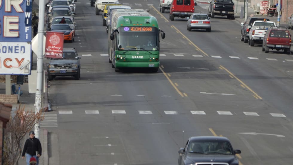 An RTC of Washoe County bus driving down Virginia Street.