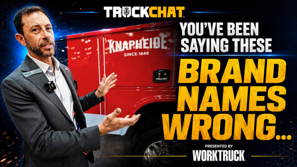 Have you been saying these brand names wrong? Man standing by Knapheide truck with Truck Chat and Work Truck logos