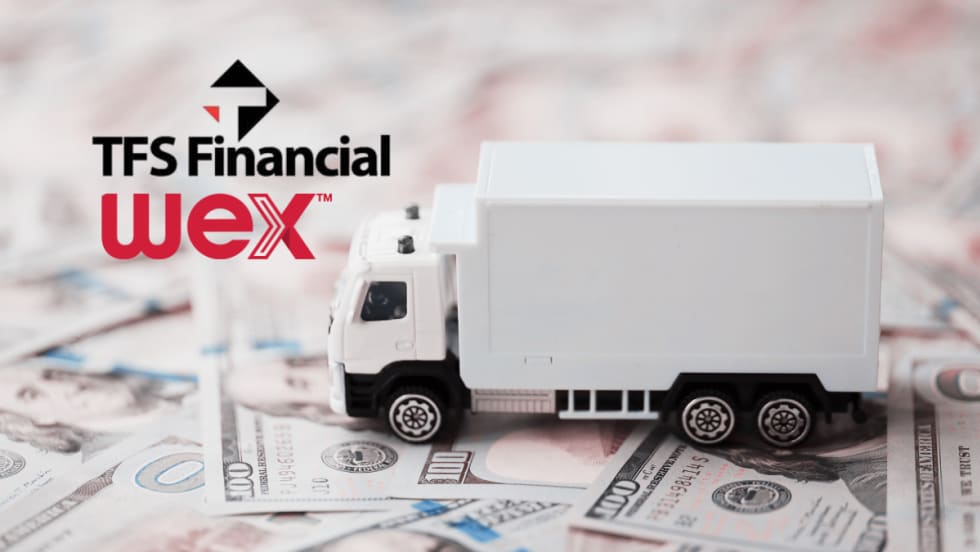 Illustration of toy truck on top of 100-dollar bills, with logos for Wex and TFS Financial