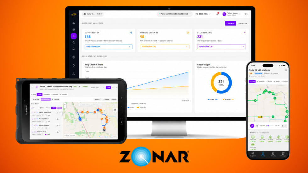 Promotional image of Zonar's Bus Suite platform displayed on a desktop monitor, tablet, and smartphone, showcasing dashboards for ridership analytics, route management, GPS tracking, and real-time student transportation operations.