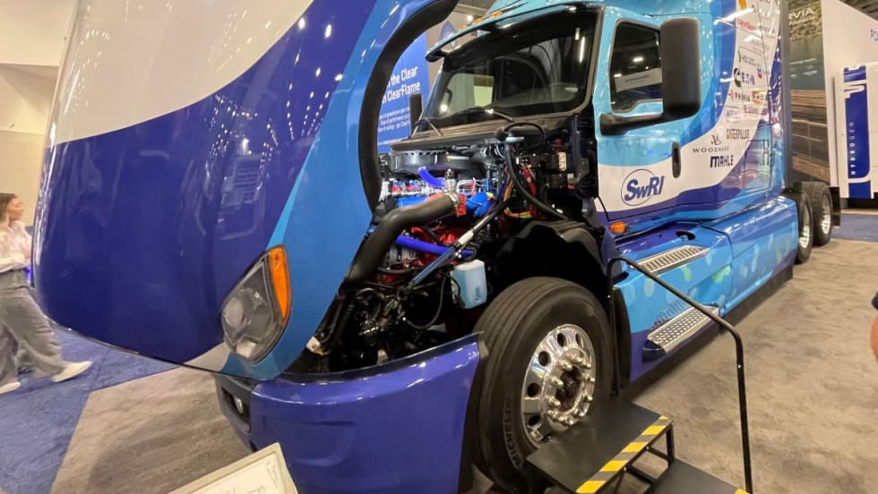An International RH tractor with an experimental hydrogen engine on the show floor at the Southwest Research Institute booth at ACT Expo 2024.