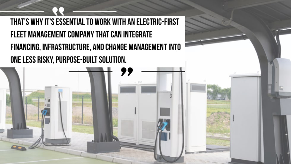 A quote about fleet electrification is laid over a picture of charging stations for hybrid and electric vehicles.