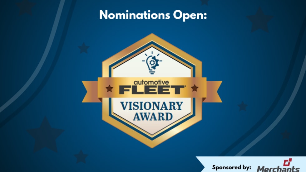A blue and gold graphic with a logo for the Automotive Fleet Visionary Award.